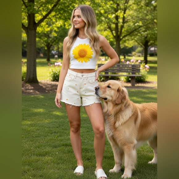 Khaki & Blue Pants - Khaki Blue Embroidered Floral  Cream Hot Pants Shorts